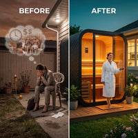 1-2 Person Outdoor Traditional Steam Sauna, Weatherproof Square Sauna Cabin with Black Trim, Natural Spruce Wood Sauna Room, LED Strip & Panoramic Glass Door, for Backyard Garden Home Spa, Relaxation — Before & After