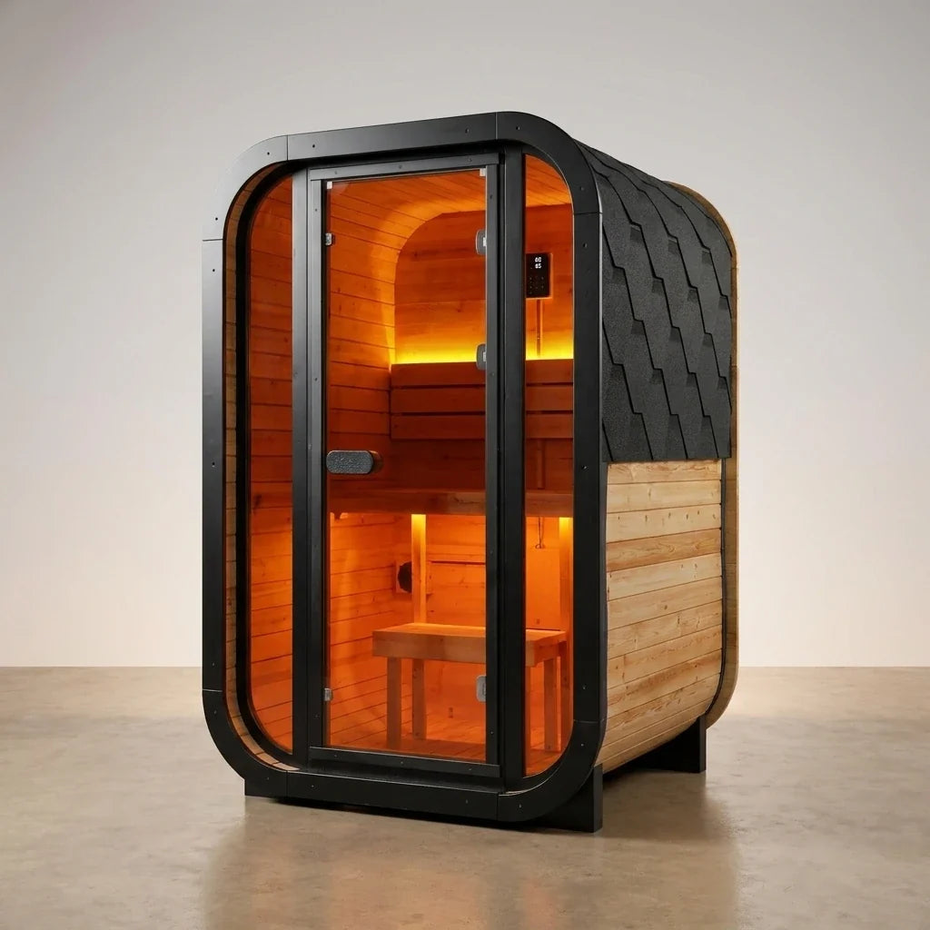 1-2 Person Outdoor Traditional Steam Sauna, Weatherproof Square Sauna Cabin with Black Trim, Natural Spruce Wood Sauna Room, LED Strip & Panoramic Glass Door, for Backyard Garden Home Spa, Relaxation — Studio Shot