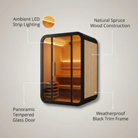 1-2 Person Outdoor Traditional Steam Sauna, Weatherproof Square Sauna Cabin with Black Trim, Natural Spruce Wood Sauna Room, LED Strip & Panoramic Glass Door, for Backyard Garden Home Spa, Relaxation — infographic
