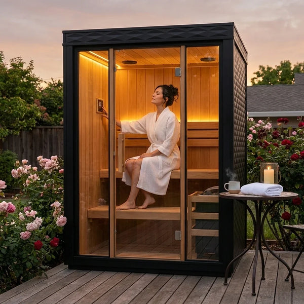 Outdoor Traditional Steam Sauna Built for Backyard Use, Pine Wood Construction, Glass Door, LED Lighting