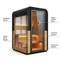 1-2 Person Outdoor Traditional Steam Sauna, Weatherproof Square Sauna Cabin with Black Trim, Natural Spruce Wood Sauna Room, LED Strip & Panoramic Glass Door, for Backyard Garden Home Spa, Relaxation — How It Works