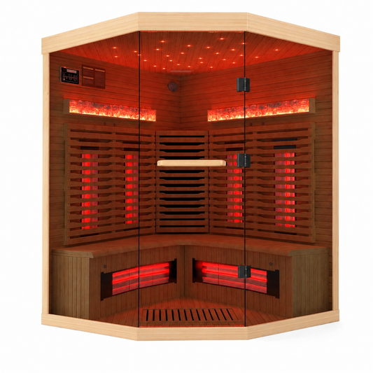 Corner Infrared Sauna Built for Home Spa Relaxation, Canadian Hemlock Wood, Himalayan Salt Panels, 3-4 Person