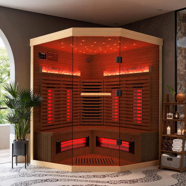 Corner Infrared Sauna Built for Home Spa Relaxation, Canadian Hemlock Wood, Himalayan Salt Panels, 3-4 Person